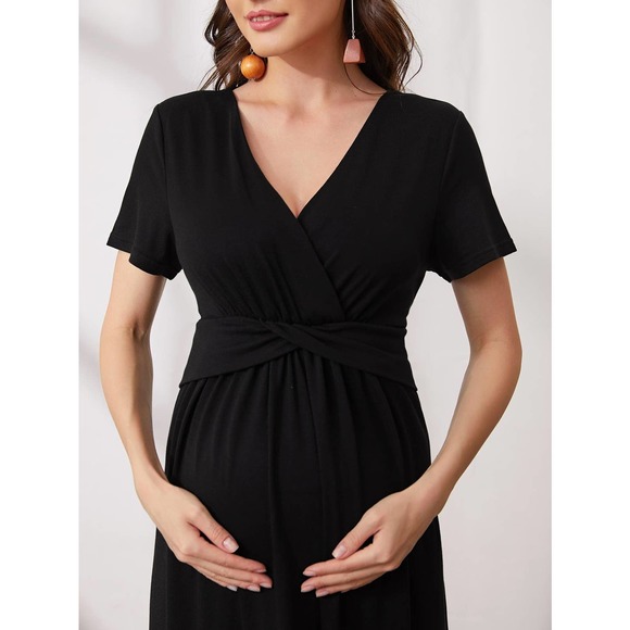 MATERNITY Surplice v Neck Ruched waist maxi Dress black - Picture 5 of 11